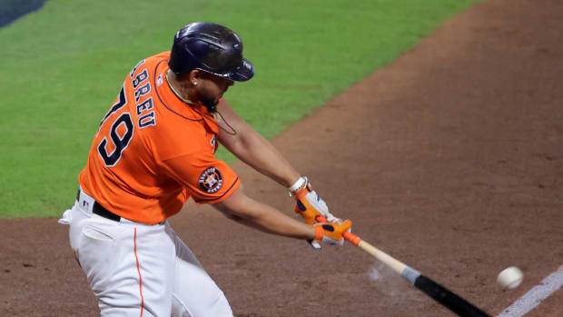 Oct 22, 2023; Houston, Texas, USA; Houston Astros first baseman Jose Abreu (79) hits a single against the Texas Rangers in the eighth inning during game six of the ALCS for the 2023 MLB playoffs at Minute Maid Park. Mandatory Credit: Erik Williams-USA TODAY Sports  